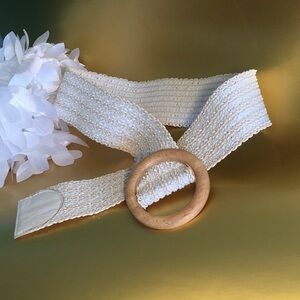 Cream Woven Belt with Wooden Ring Buckle
